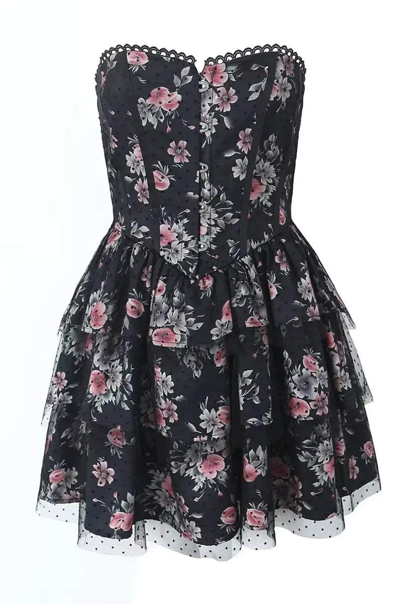 Vestido mini con corsé de malla y lunares con encaje floral 