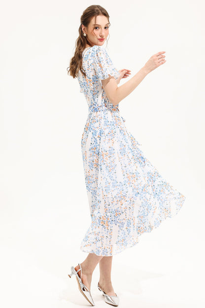 Vestido midi de manga corta con escote en V y estampado floral amarillo 