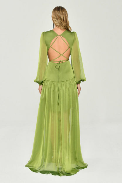 Vestido largo liso con escote en V, volantes y mangas farol divididas 