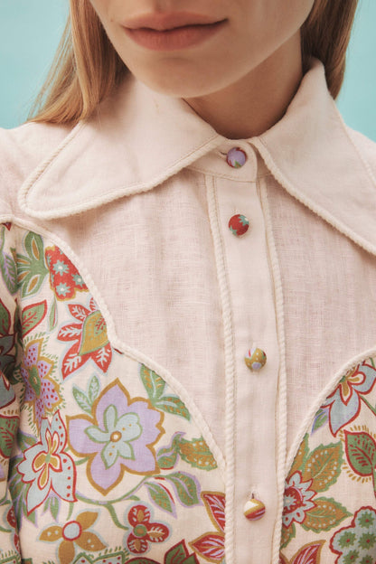 Vestido midi floral con solapa, mangas abullonadas y botones 