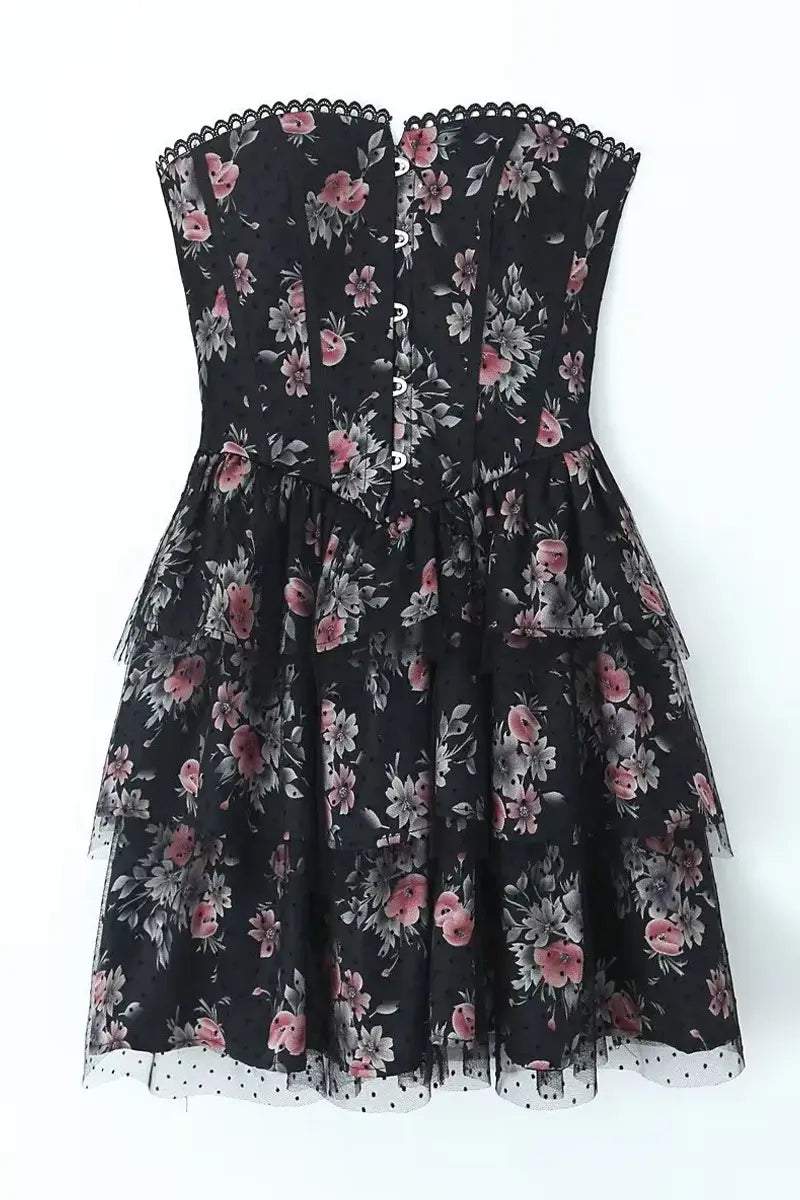 Vestido mini con corsé de malla y lunares con encaje floral 