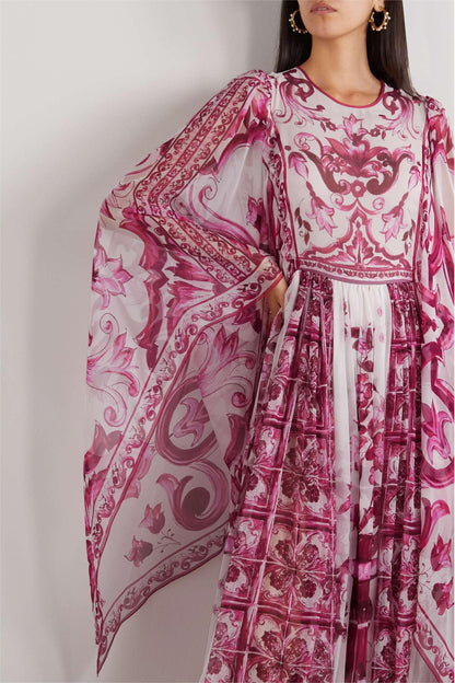 Vestido midi con cuello redondo y mangas abullonadas de cachemira 