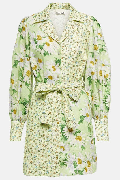 Minivestido floral de manga larga con cinturón 