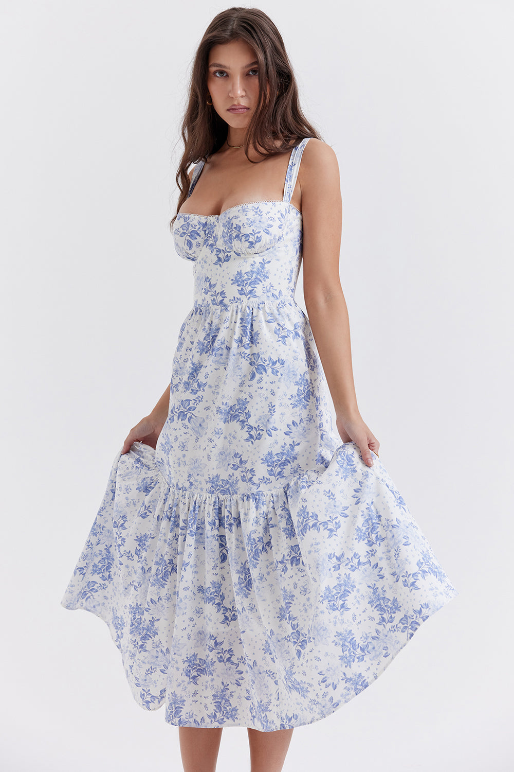 Vestido midi camisola con corsé floral 