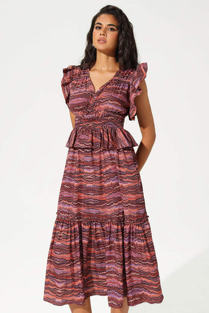 Vestido midi con cuello en V, mangas con volantes en capas 