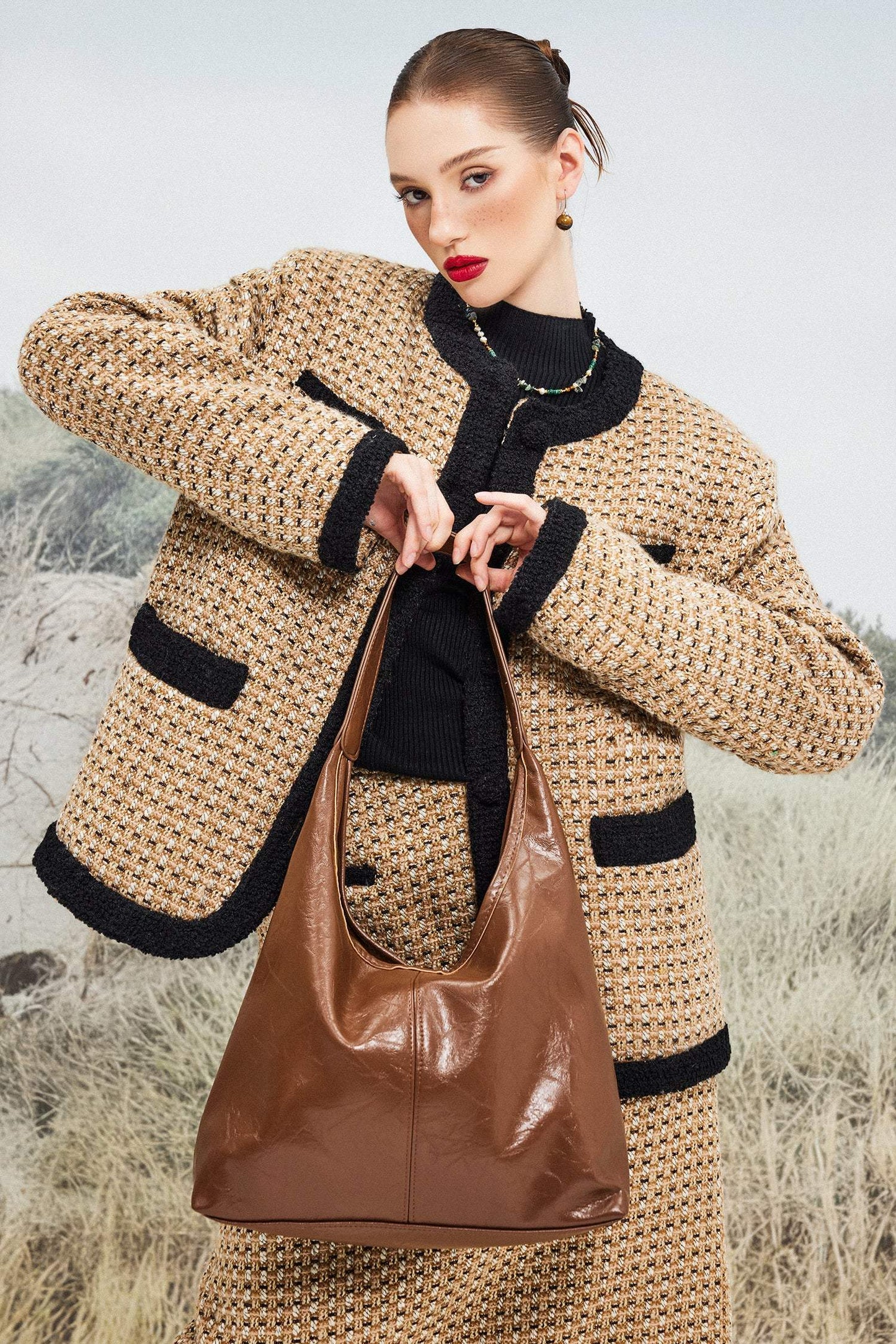 Solid Faux Leather Large Capacity Tote Shopper Bag Brown