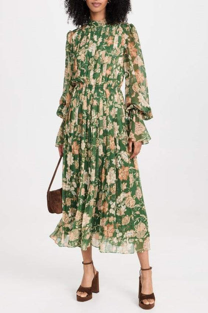 Vestido midi plisado de gasa con cuello en V 