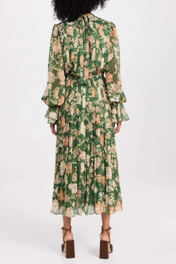 Vestido midi plisado de gasa con cuello en V 