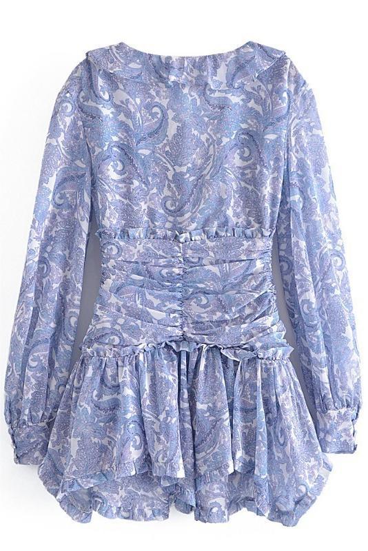 Minivestido floral de manga larga con escote en V 