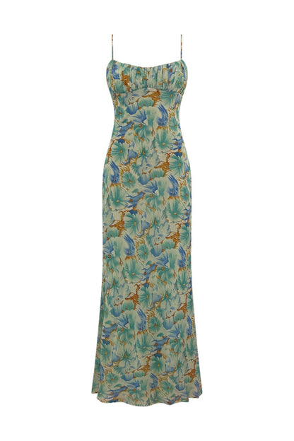 Vestido largo con encaje y espalda descubierta con flores 