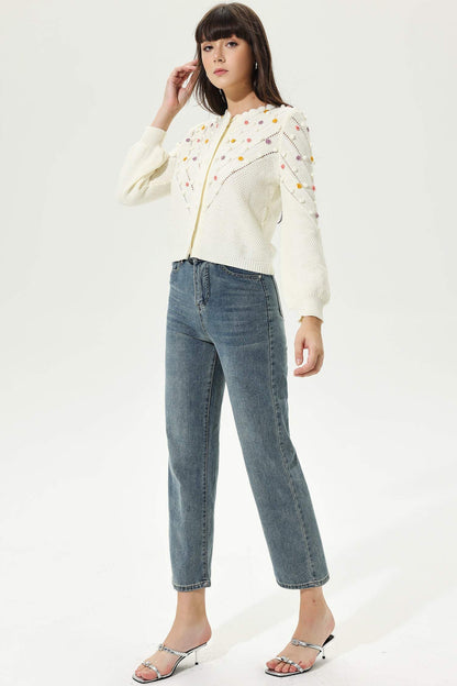 Cárdigan de punto de cuello redondo y manga larga en beige 