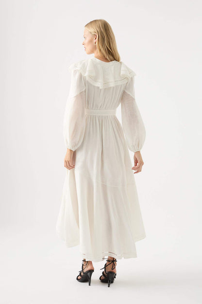 Vestido midi asimétrico con escote en V y manga larga con volantes en el bajo 