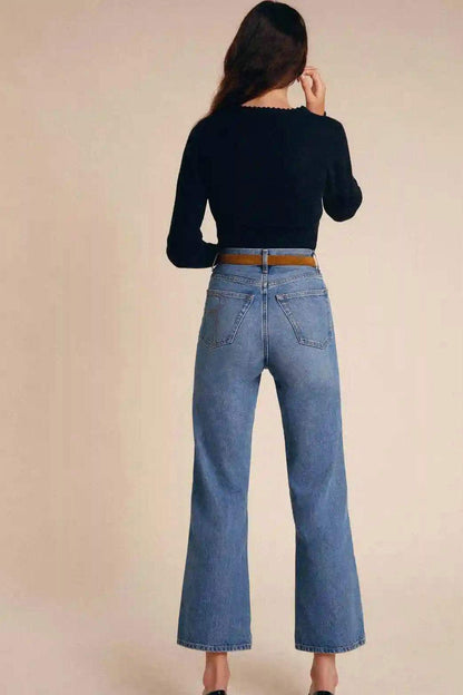 Top de punto liso con cuello en V y manga larga 