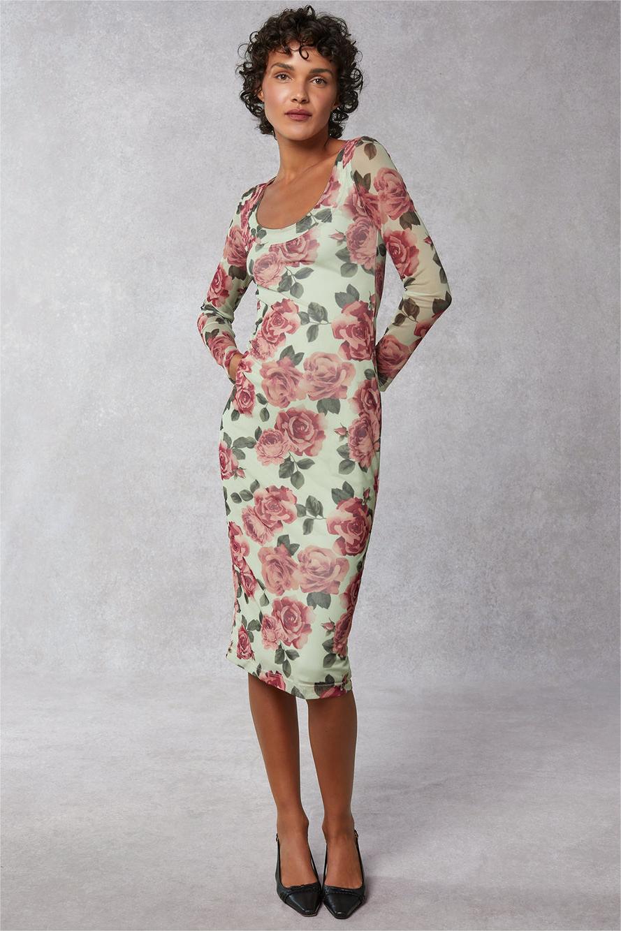 Vestido midi floral de manga larga y cuello redondo 