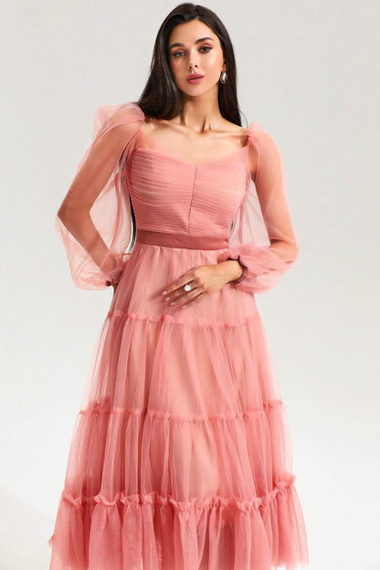 Vestido midi fruncido con cuello cuadrado 