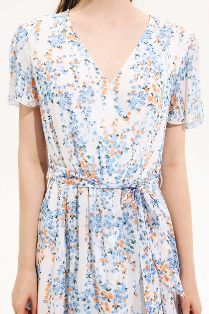 Vestido midi de manga corta con escote en V y estampado floral amarillo 