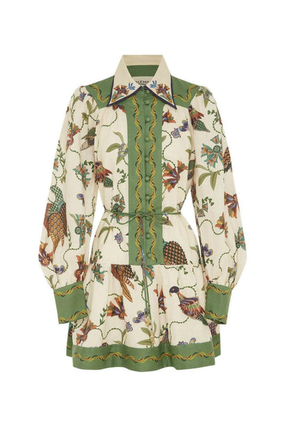 Vestido mini de manga larga con cuello camisero de botonadura sencilla y estampado floral 