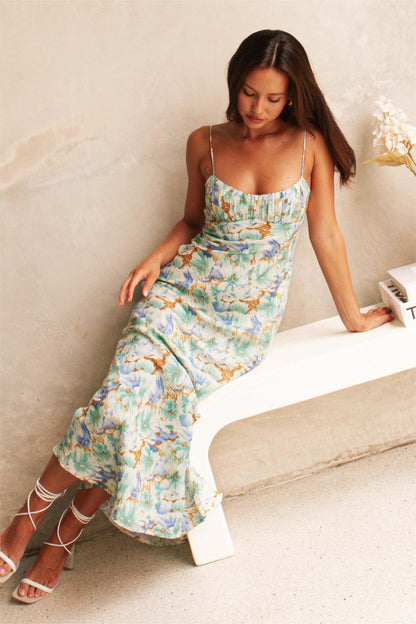 Vestido largo con encaje y espalda descubierta con flores 