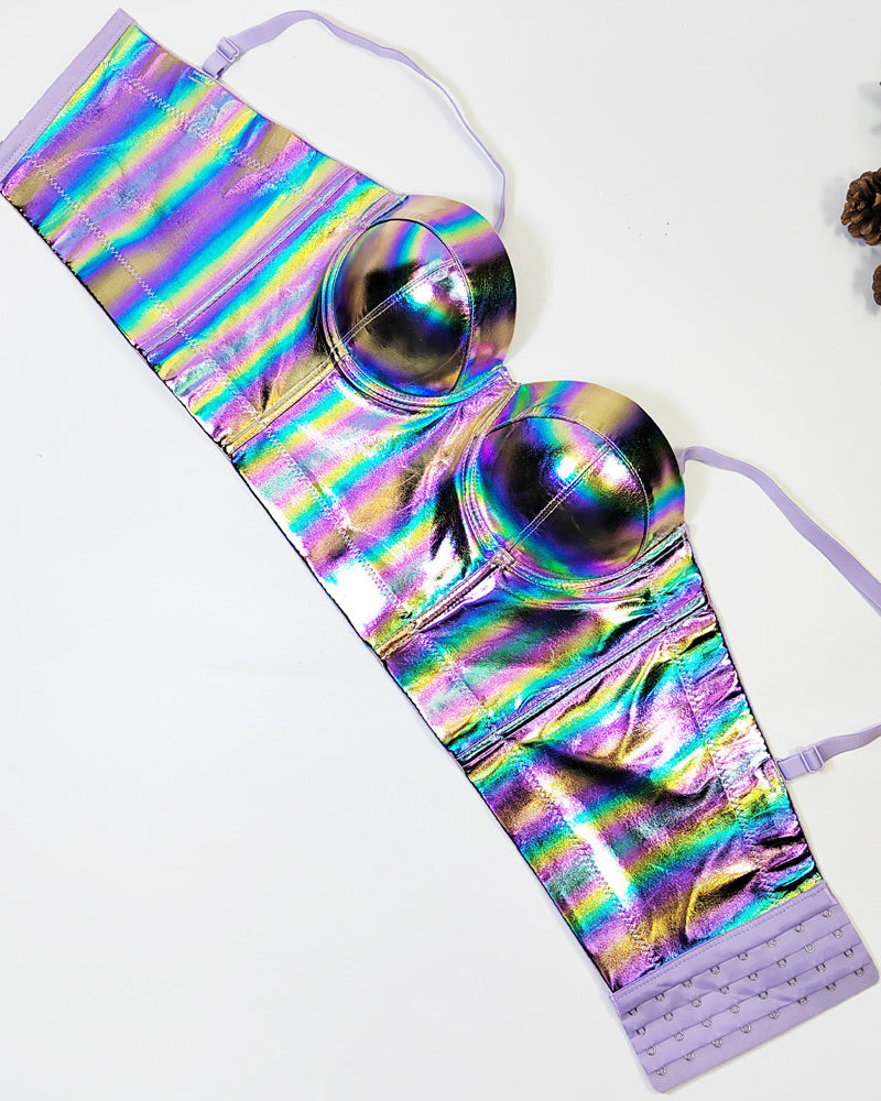 Fishbone Fluorescent Pu Leather Halter Top