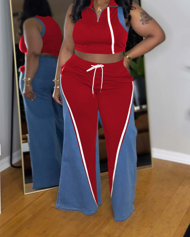 Denim Patchwork V-Neck Wide-Leg Trousers Suit