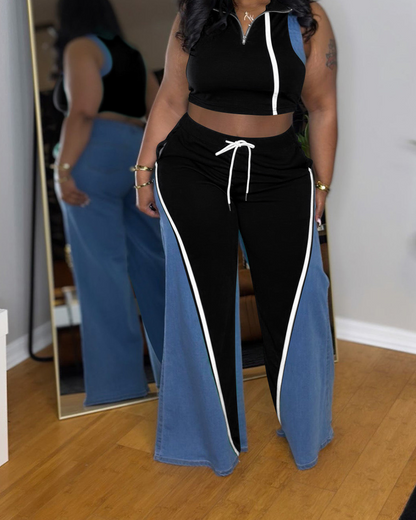 Denim Patchwork V-Neck Wide-Leg Trousers Suit