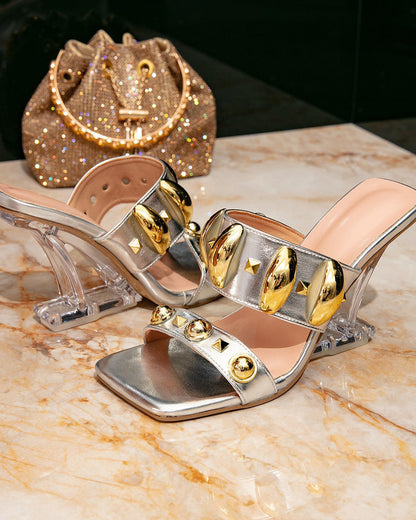 Metal Buckle Embellished Open Toe Slip-on High Heel Sandals