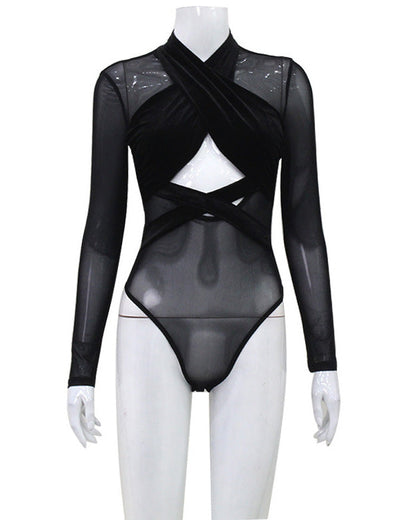 Mesh Velvet Patchwork Cross-Cut Tight Long-Sleeved Jumpsuit
