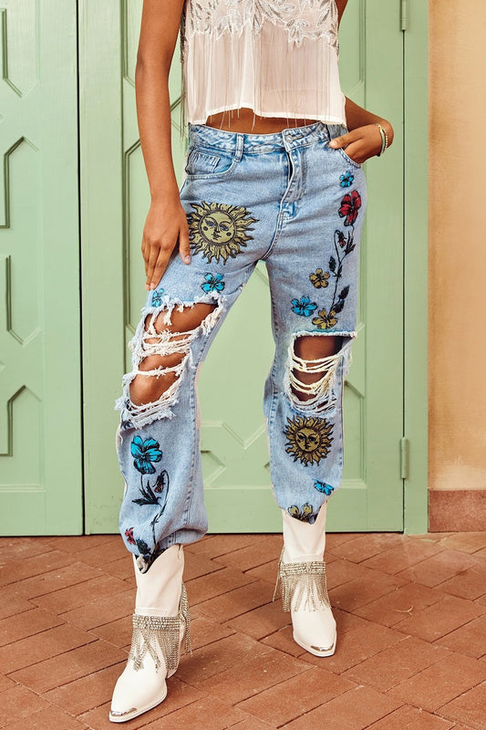 Liza Floral & Sun Printed Ripped Jeans