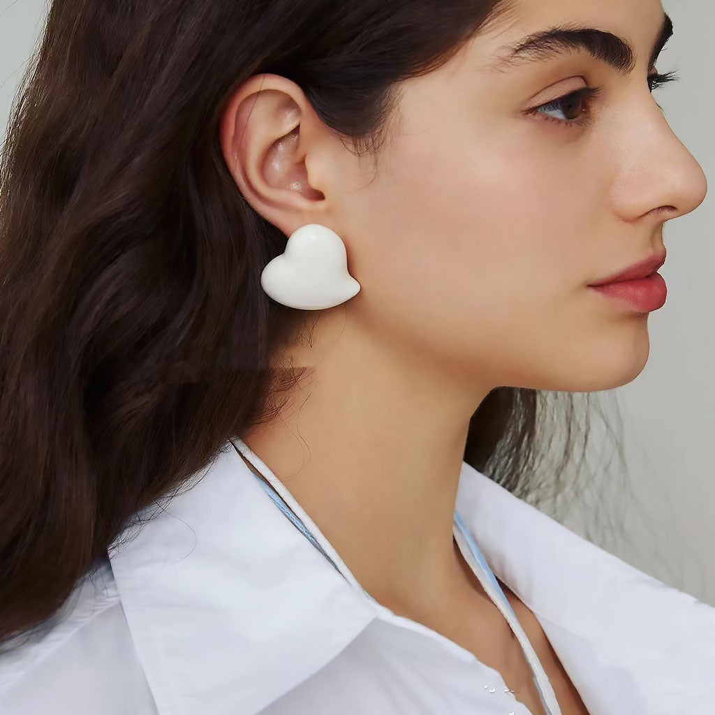 French Enamel Heart Stud Earrings in Puff Design