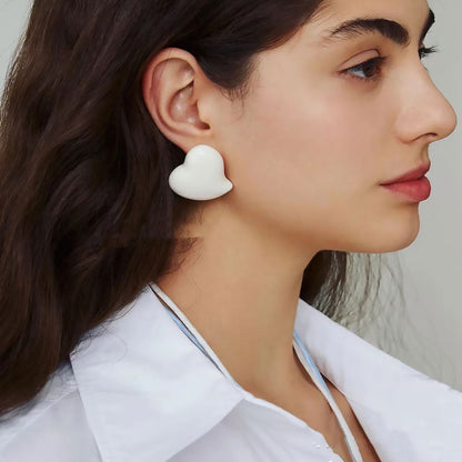 French Enamel Heart Stud Earrings in Puff Design