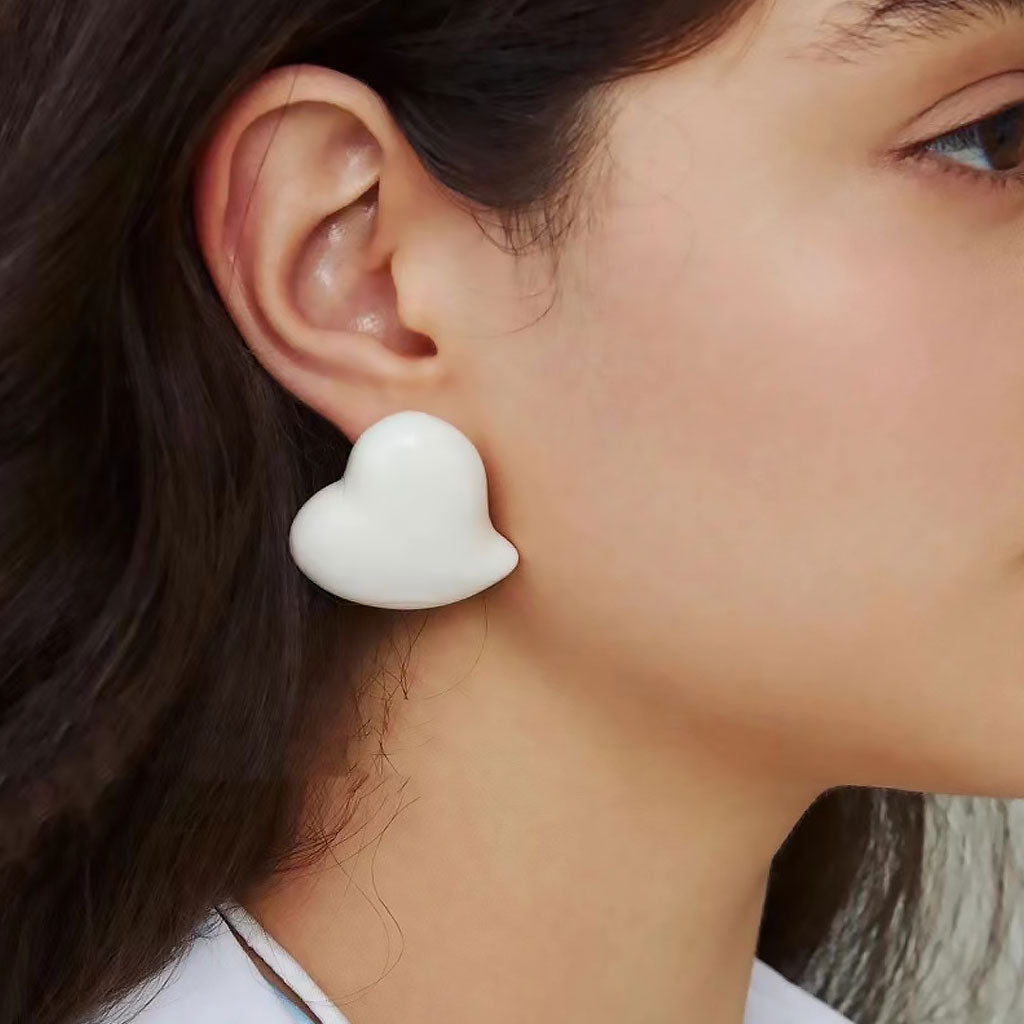 French Enamel Heart Stud Earrings in Puff Design