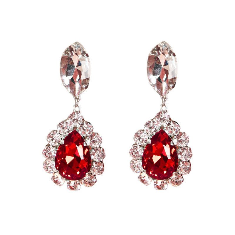 Red Pear Cut Gem Dangle Earrings Silver Plated