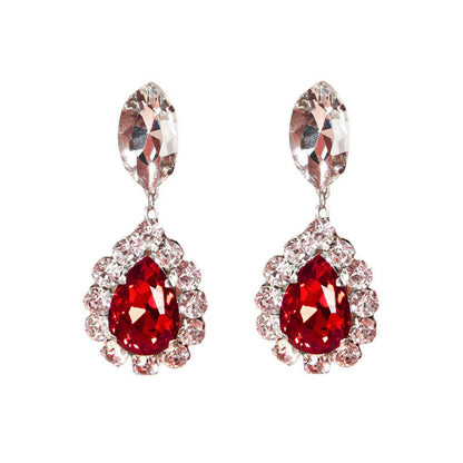 Red Pear Cut Gem Dangle Earrings Silver Plated