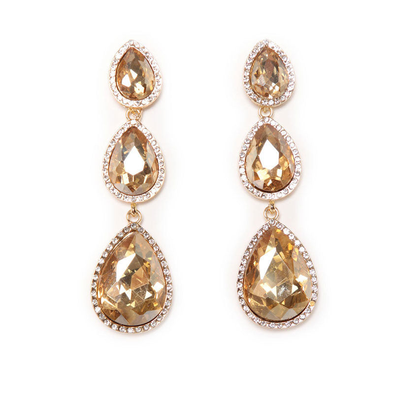 Pear Cut Crystal Triple Drop Earrings - Yellow