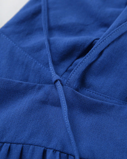 Blue Cotton and Linen V-Neck Halter Back Dress