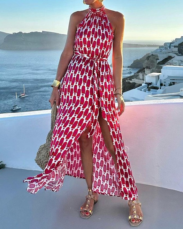 Printed Halter Neck Beach Vacation Midi Dress