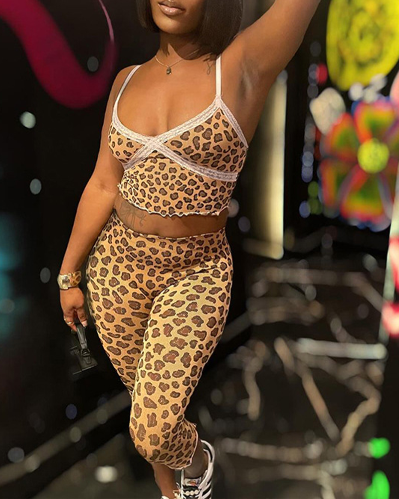 Leopard Lace Suspender Shorts Suit