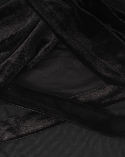 Mesh Velvet Patchwork Cross-Cut Tight Long-Sleeved Jumpsuit