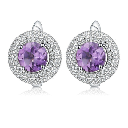 Amethyst Halo Cluster Stud Earrings with Clear Cubic Zirconia