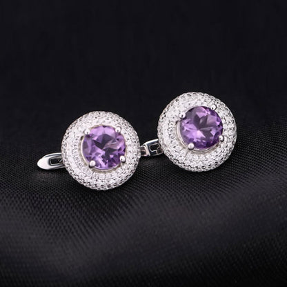 Amethyst Halo Cluster Stud Earrings with Clear Cubic Zirconia