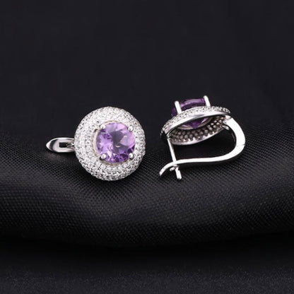 Amethyst Halo Cluster Stud Earrings with Clear Cubic Zirconia