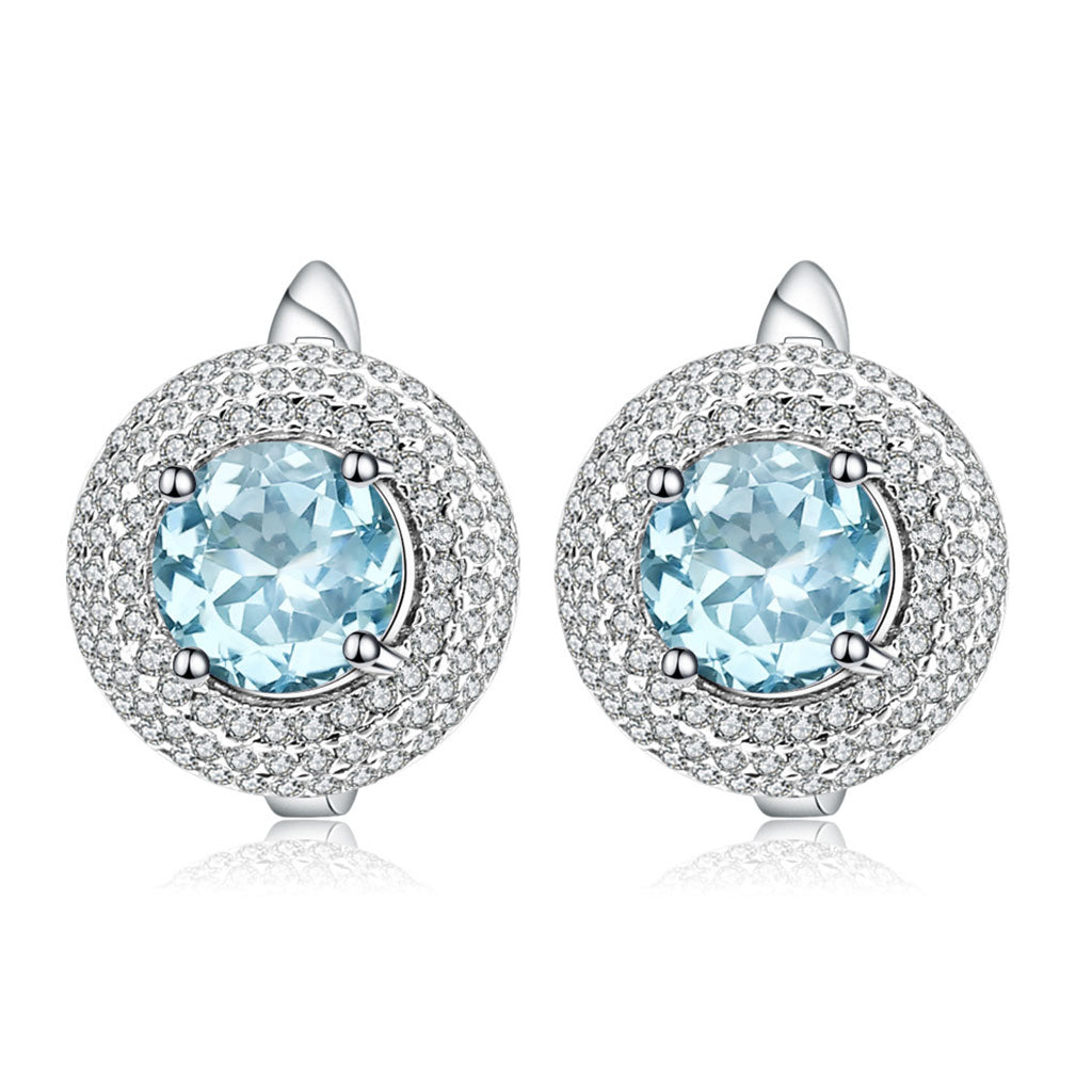 Blue Topaz Halo Cluster Stud Earrings with Clear Cubic Zirconia