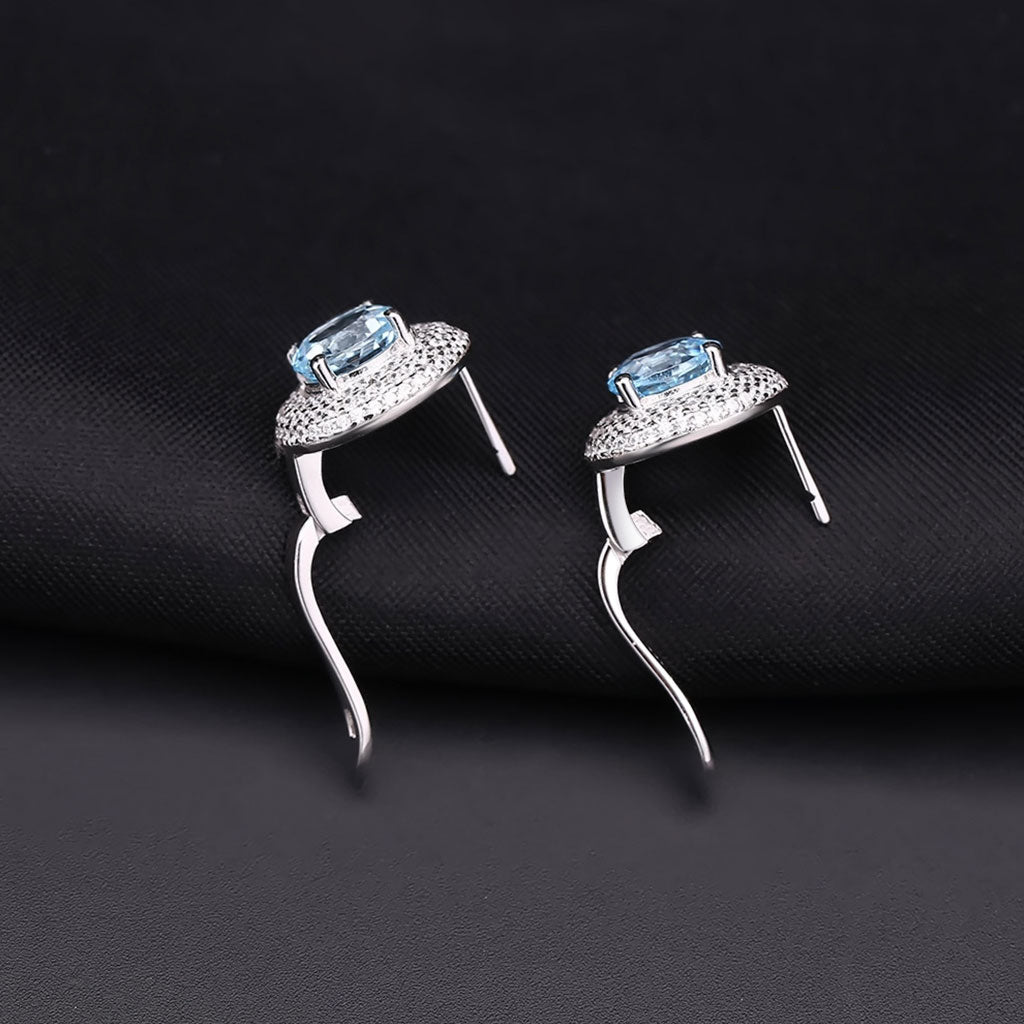 Blue Topaz Halo Cluster Stud Earrings with Clear Cubic Zirconia