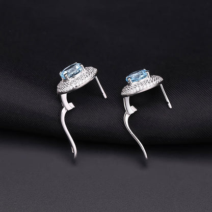 Blue Topaz Halo Cluster Stud Earrings with Clear Cubic Zirconia