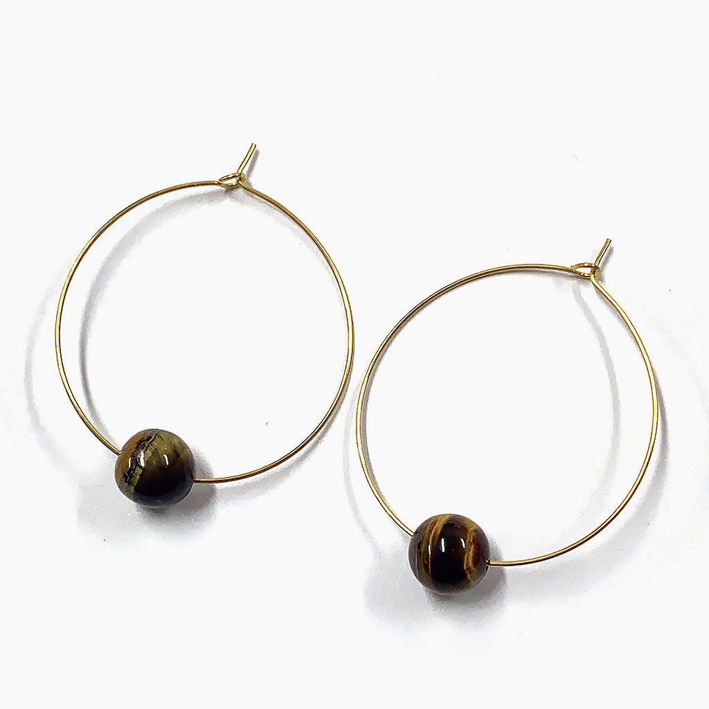 Oversized Tigers Eye Beaded Hoop Earrings with 18K Gold Plated Ring