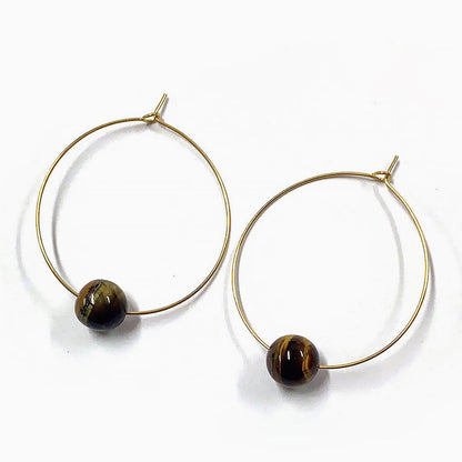Oversized Tigers Eye Beaded Hoop Earrings with 18K Gold Plated Ring