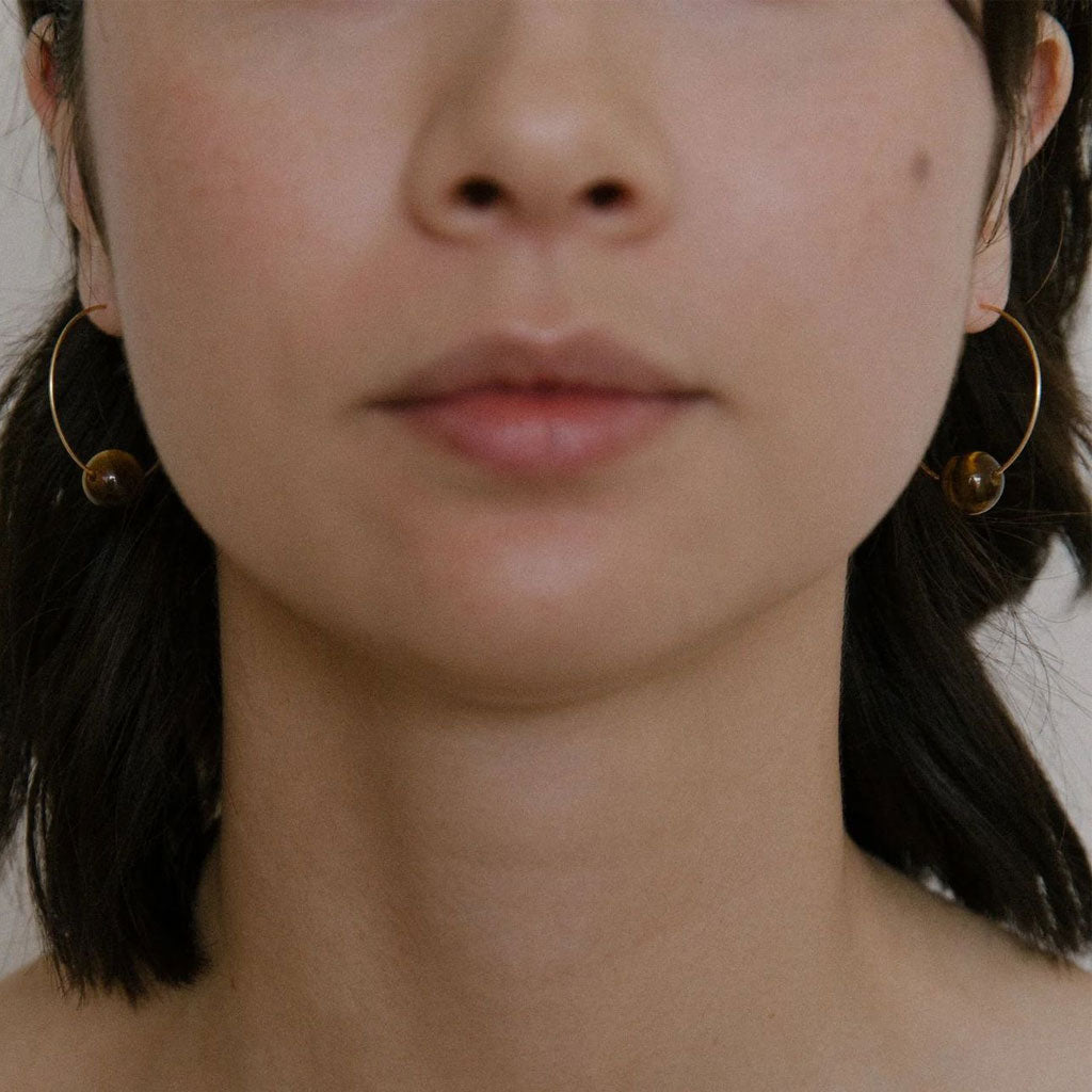 Oversized Tigers Eye Beaded Hoop Earrings with 18K Gold Plated Ring