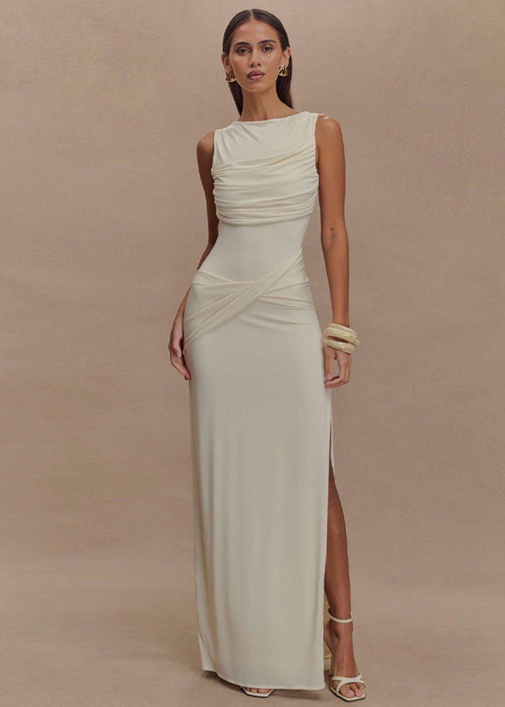Champagne Drape Back Gown – Sleeveless Maxi with Open Back