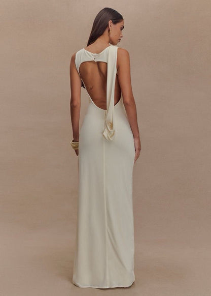 Champagne Drape Back Gown – Sleeveless Maxi with Open Back