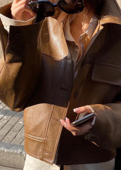 Caramel Ridge – Faux Leather Cropped Jacket